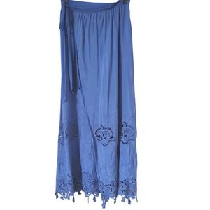TJD Blue Silk Blend Embroidered Lace Maxi Skirt Wrap Womens Small Bohemian